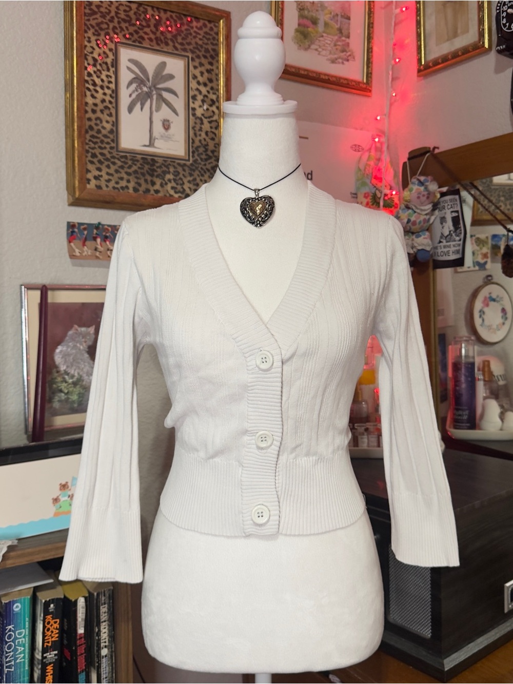 Y2K Paris blues Cropped off white Ribbed Button Cardigan